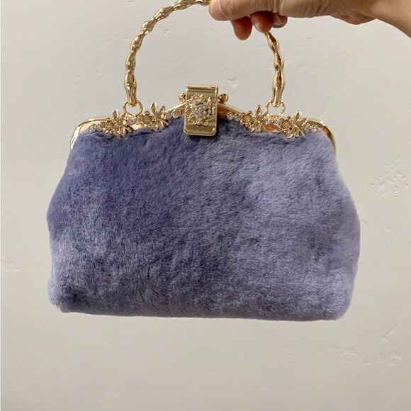 Genuine Shearling Leather Handmade Top Handle Metal Frame Bag & Small Clutch Set - Picture 5 of 16